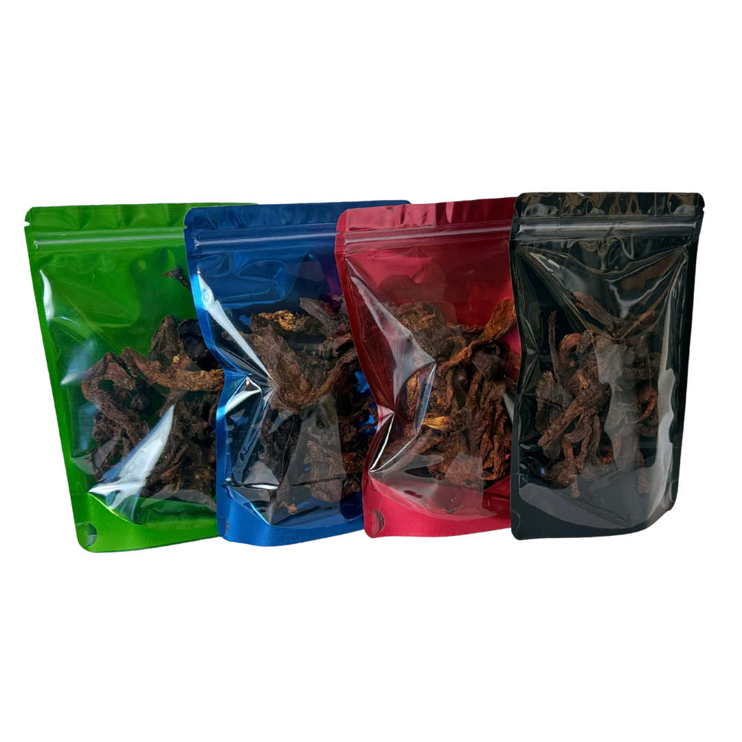 All four flavors of the Dehydrated Mushroom Jerky