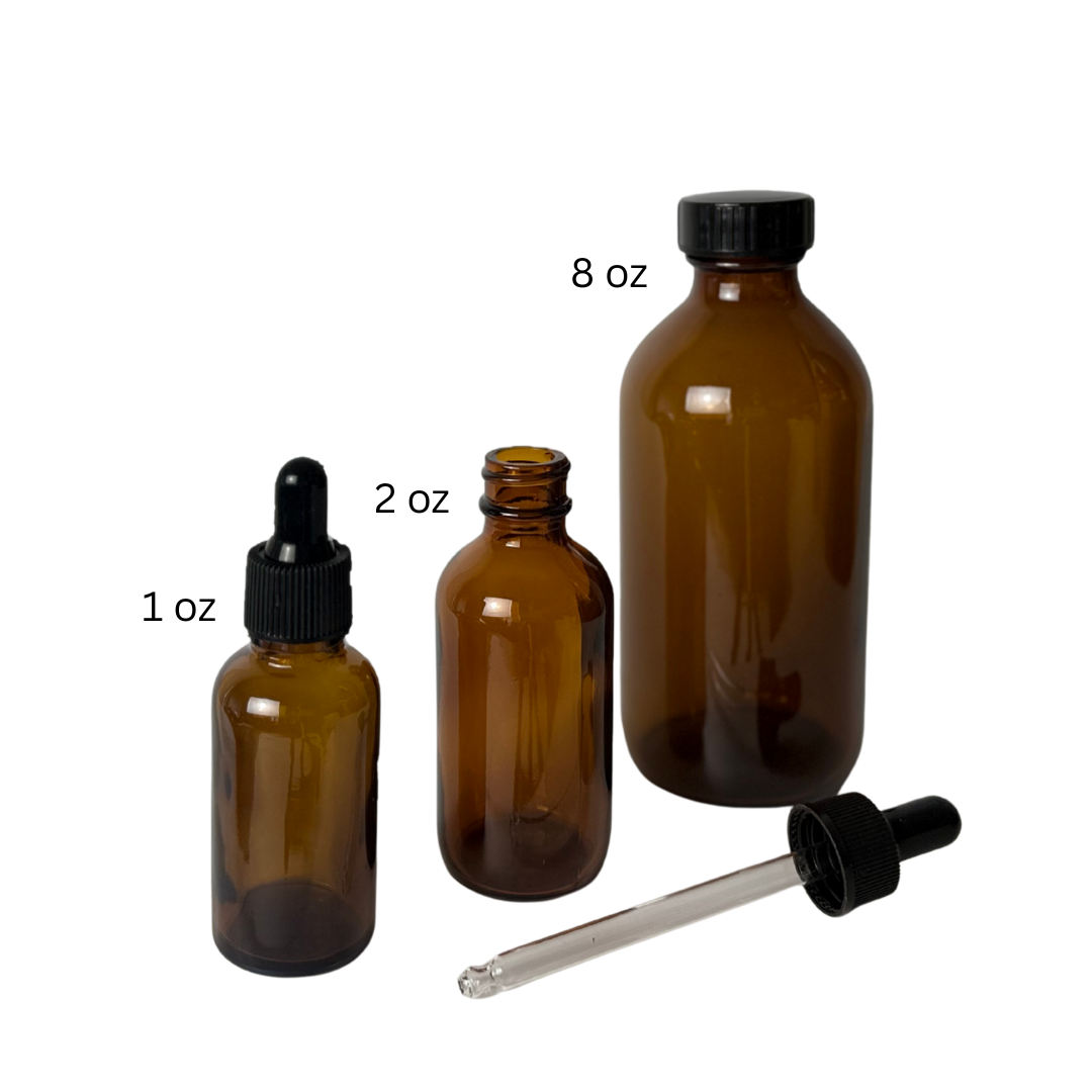 1oz 2oz, 8oz bottles for tincture.