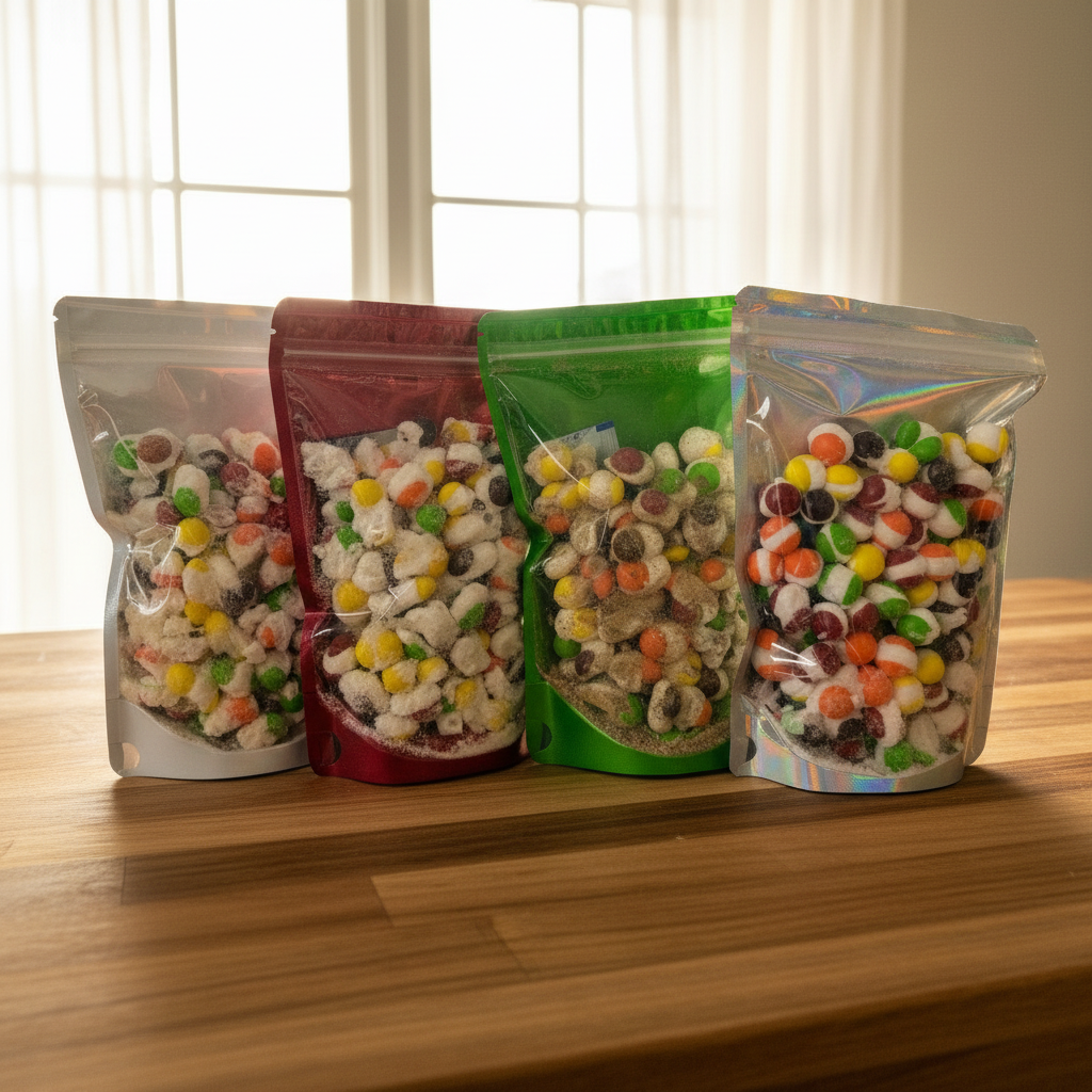 Regular, green chili, ghost pepper and habanero skittles in a bag