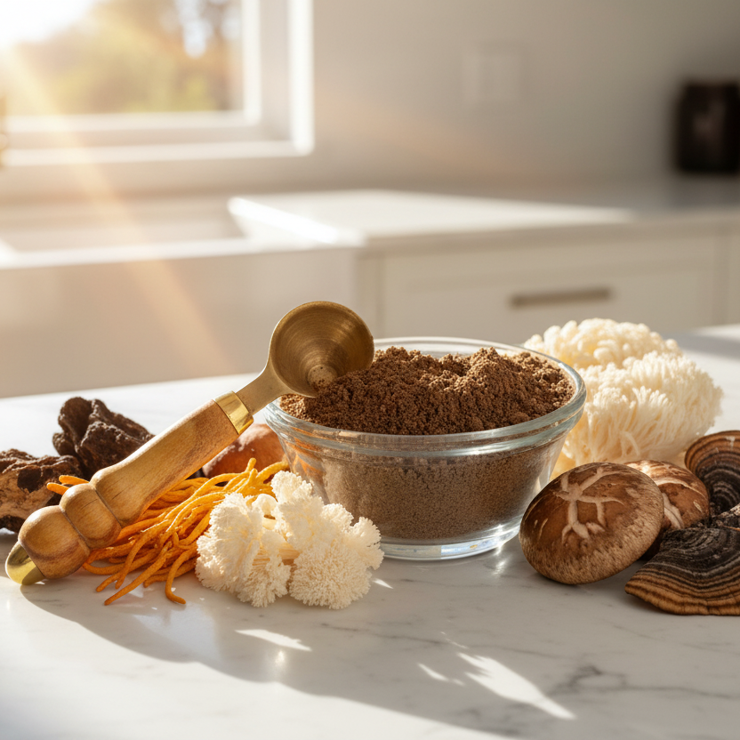 Glass bowl filled with coffee grounds and a wooden measuring scoop with Chaga, Cordyceps, Lion’s Mane, Maitake, Oyster, Reishi, Shiitake, and Turkey Tail mushrooms