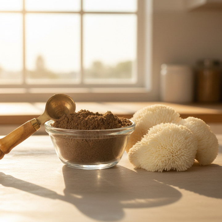 Glass bowl filled with coffee grounds and a wooden scoop on a white background