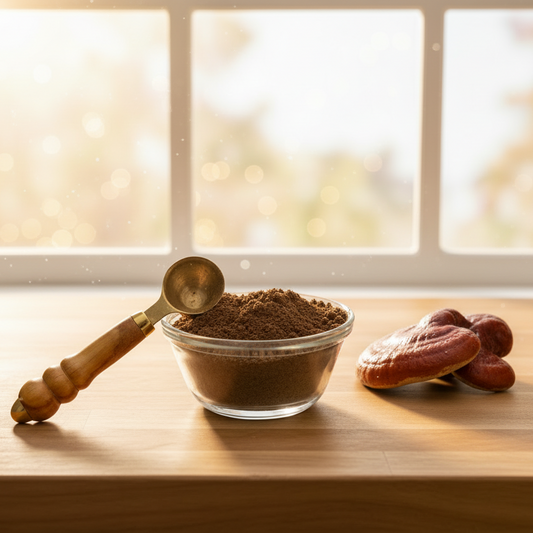 Glass bowl filled with coffee grounds and a wooden scoop with Reshi mushroom