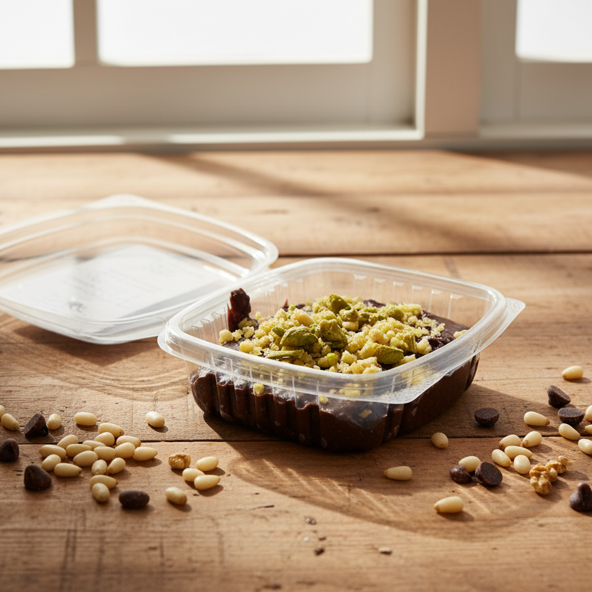 Green Chili Pinon Fudge in a clear container 