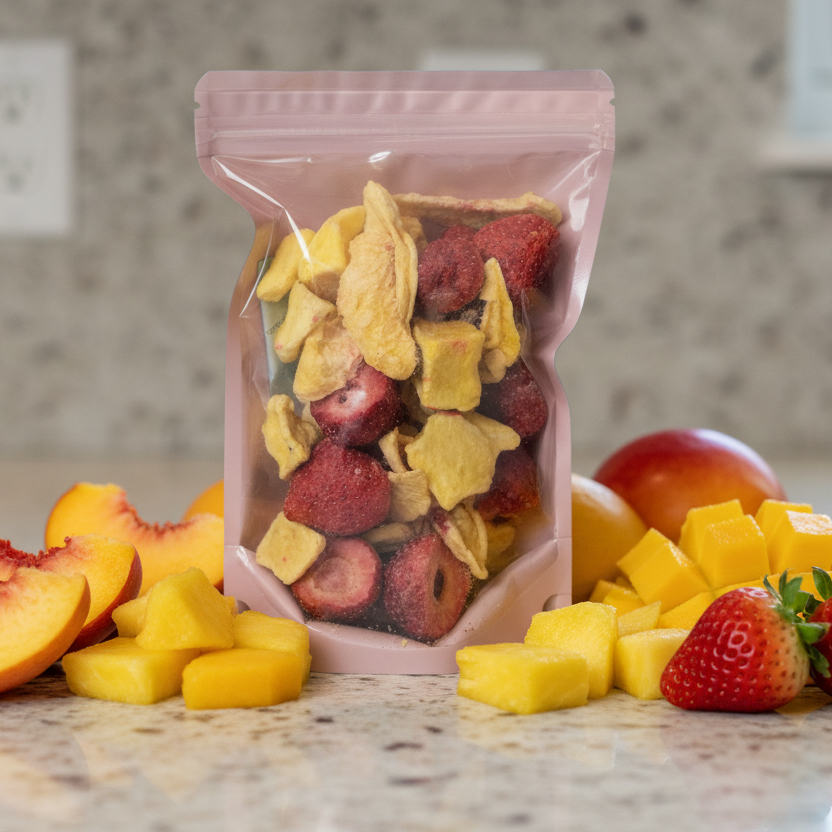 Packaged snack mix with yellow and red items on a white background