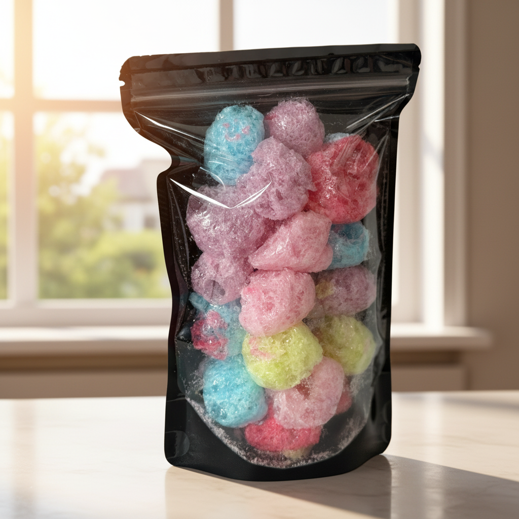 Black ziplock bag filled with colorful jolly ranchers on a white background