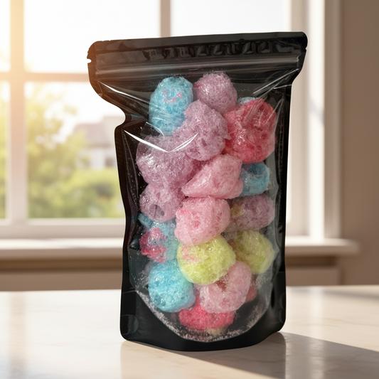 Black ziplock bag filled with colorful jolly ranchers on a white background