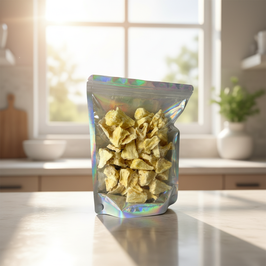 Freeze dried pineapples in a bag
