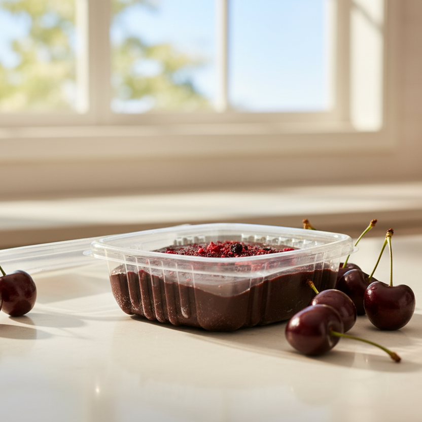 Clear plastic container with soil and small plants on a white background