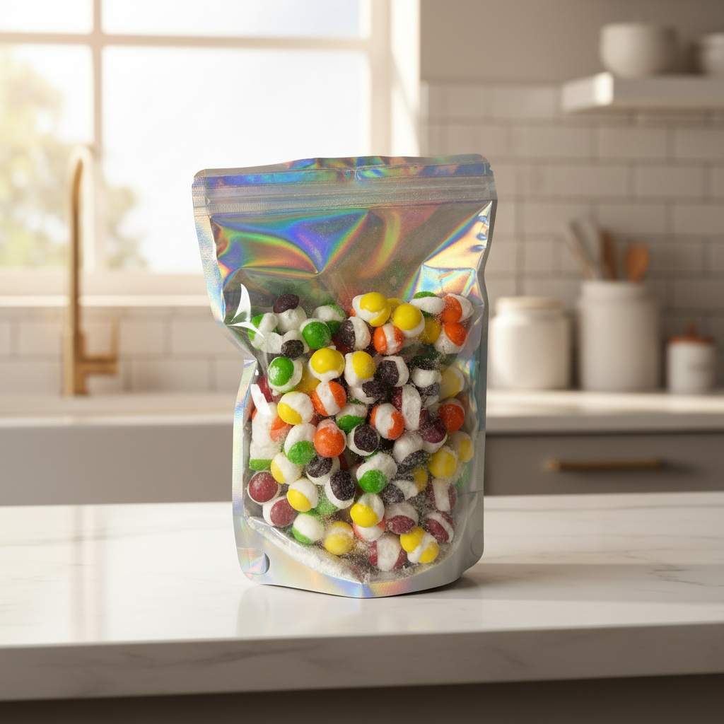 Freeze dried skittles in a bag